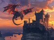 © bvbflo1 - Powerful dragon flying over an ancient castle at sunset