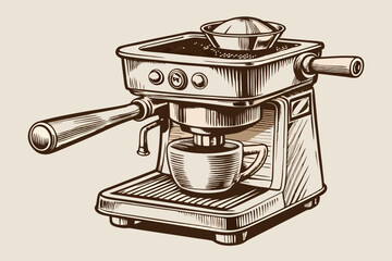 A detailed, hand-drawn illustration of an espresso portafilter, showcasing intricate lines and shading. Ideal for coffee lovers or vintage art enthusiasts
