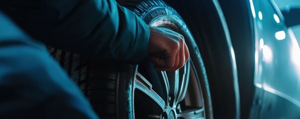 Wall Mural - Close-up of a mechanic inspecting a car tire in a well-lit workshop during maintenance checks for safety and performance