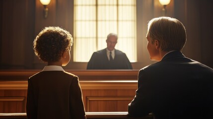 child in courtroom setting standing beside adult in front of judge. legal proceedings with a focus o