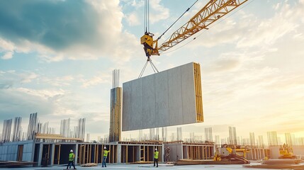 a crane lifting large prefabricated wall panels into place on a building under construction with wor