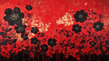 Poster - Bold Floral Silhouette on Red Canvas