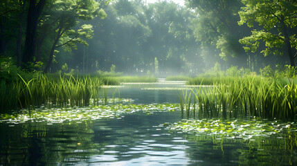 A riverbank where 2D sketches of reeds blend into 3D vibrant greenery, captured with a soft gradient filter for a seamless transition.