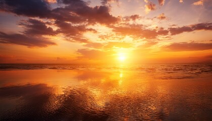 beautiful landscape sunset with golden orange sky on sea water reflection ai generated image