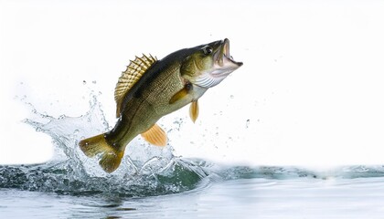 largemouth bass fish jumping out of water isolated on white background