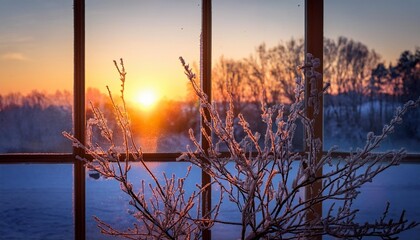 Wall Mural - frosted branches against a winter sunset by a cozy window