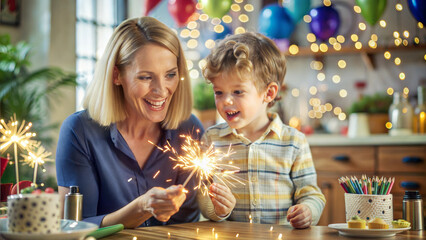 Wall Mural - Happy mother and son with sparklers at table in kitchen at home