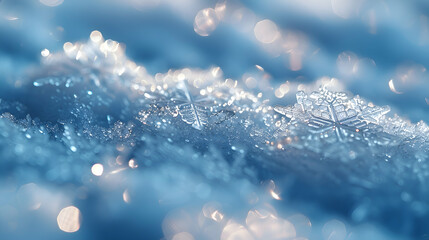 Wall Mural - A snowy landscape where 2D snowflakes transition into 3D drifts, captured with a macro lens to show fine details.