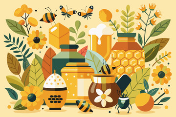 Wall Mural - An artistic display comprises various hand-drawn elements related to bees and honey production, showcasing nature's sweetness
