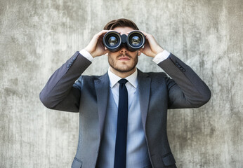 young man in business suit looking through a binoculars, studio photo. businessman searching or look