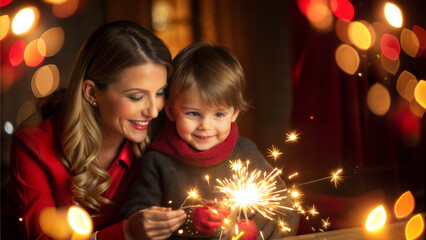 Wall Mural - Happy mother and her little daughter celebrating Christmas at home with sparklers