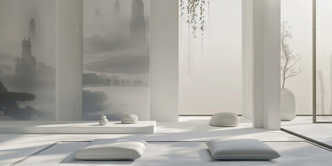 Abstract shapes in neutral grays and whites create a modern, minimalist look for a zen meditation room.