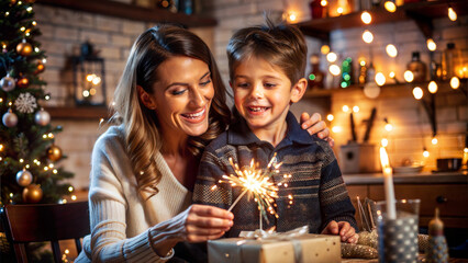 Wall Mural - happy family with sparklers and gift box in christmas decorated kitchen