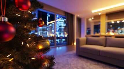 Wall Mural - decorative background with soft focus and bokeh of fir tree and christmas lights. new year and chris
