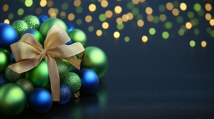 Wall Mural - there are a few blue ornaments on a table on a panoramic banner with blue christmas garland on it.