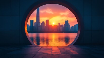 Sticker - Sunset Over City Skyline Through Arched Window