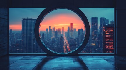 Sticker - Circular Window View of Illuminated Cityscape at Sunset