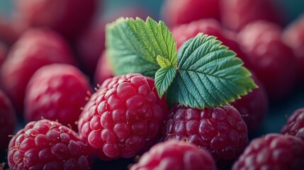 Wall Mural - Close-Up of Fresh Raspberries with Green Leaves