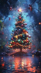 Wall Mural - there is a lot of ornamentation and lighting on this christmas tree.
