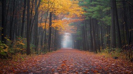 Wall Mural - Stunning autumn pathway lined with vibrant orange leaves in a tranquil forest setting