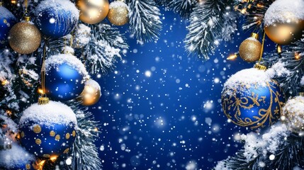 Wall Mural - on a blue background, ornaments hang from the branches of a christmas tree.
