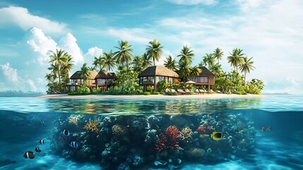 Tropical island resort with clear blue water, palm trees, and underwater coral reef.