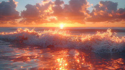 A sunset beach where 2D light rays transition into 3D waves, captured with a golden hour filter to enhance warmth.