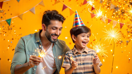 Wall Mural - happy father and son celebrating birthday party with sparklers on yellow background