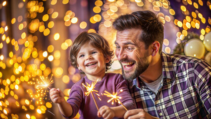 Wall Mural - family, holidays, christmas and people concept - happy father and son with sparklers over christmas lights background