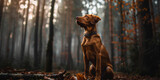 Fototapeta Pomosty - Golden retriever puppy sitting in autumn forest surrounded by tall trees, looking upward with curiosity, during a misty morning