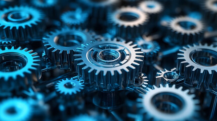 Wall Mural - close-up of interlocked blue metal gears representing teamwork and machinery.