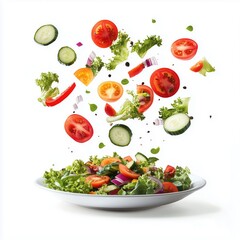 Salad with fresh vegetables and avocado falling into a plate on white background