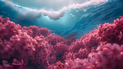 An ocean scene where 2D waves transition into 3D underwater coral reefs, captured with underwater macro photography for vibrant marine details.