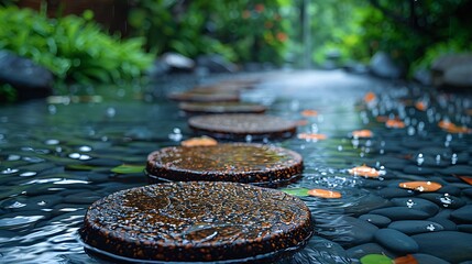 A pathway of stepping stones in a shallow stream of water in a lush green garden.