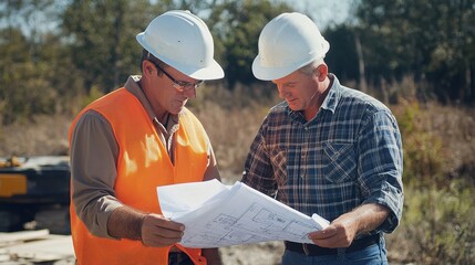 Wall Mural - A site supervisor and a foreman examining blueprints together at a construction site