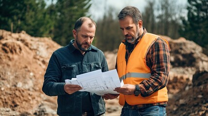 Wall Mural - A site supervisor discussing changes to blueprints with an architect at a construction site