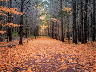 Wall Mural - A path through a forest with leaves on the ground. The leaves are orange and brown