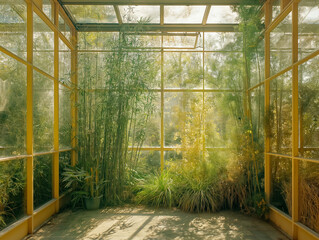 A greenhouse with a lot of plants and a yellow wall