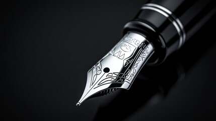 A close up of a pen with a black and silver design