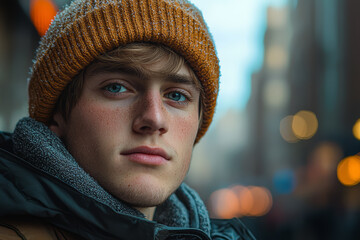 Poster - A young man in a North American city wearing contemporary street fashion, reflecting modern urban style and youth culture. Concept of street fashion and contemporary urban life.