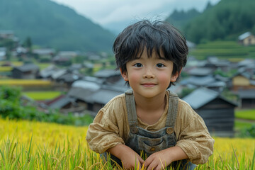 Wall Mural - A young boy in a rural Asian village helping his family in the rice fields, illustrating the agricultural lifestyle and family work in rural regions.