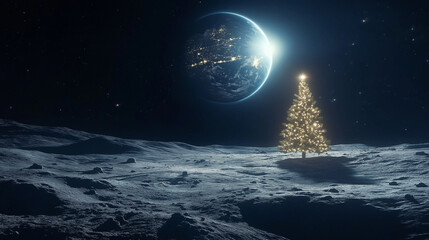 Illuminated Christmas tree on the moon with Earth in the background