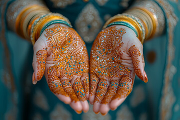 Sticker - A woman carefully painting intricate patterns on her hands with henna for a cultural wedding ceremony. Concept of beauty and tradition in cultural practices.