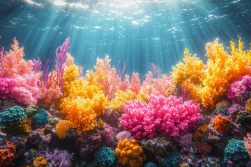 Wall Mural - A vibrant coral reef suffering from bleaching, indicating the stress on marine ecosystems from rising sea temperatures. Concept of oceanic health and climate change.