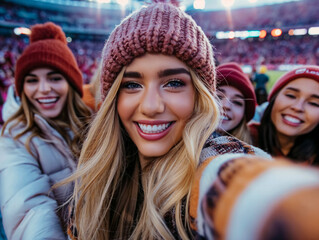 Canvas Print - A group of women wearing hats and smiling for a picture. Scene is happy and cheerful