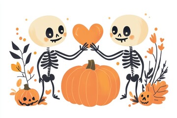 Wall Mural - Two cheerful skeletons exchanging a heart near a pumpkin patch in autumn colors