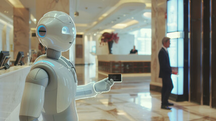 A man in a suit is standing in front of a robot at a hotel reception desk