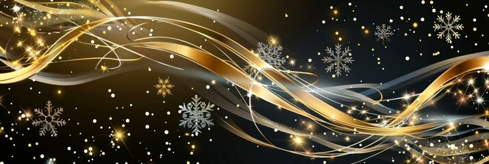 Wall Mural - Festive golden Christmas background with sparkling lights and snowflakes for holiday designs and celebrations