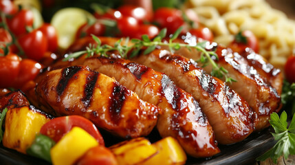 Wall Mural - Grilled chicken breast. Fried chicken fillet and fresh vegetable salad of tomatoes, cucumbers and arugula leaves. Chicken meat with salad. Healthy food. AI generation