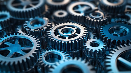Wall Mural - close-up of interlocked blue metal gears representing teamwork and machinery.